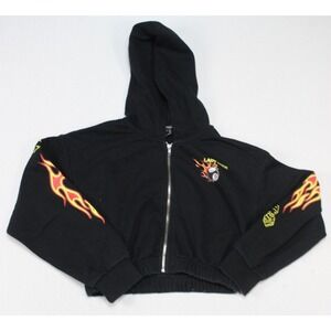 Forever 21 Hooded Sweater Women Small Black Excellent Flame Lady Luck Crop Zip